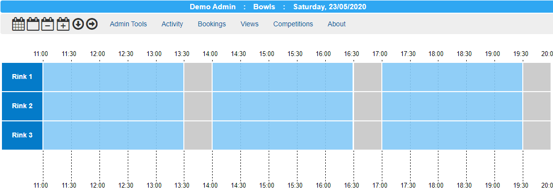 bookings timesheet showing 30 minute buffer period between bowls bookings