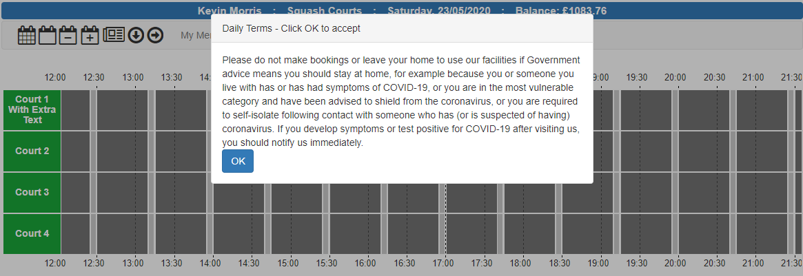 bookings timesheet showing daily terms that must be accepted at login