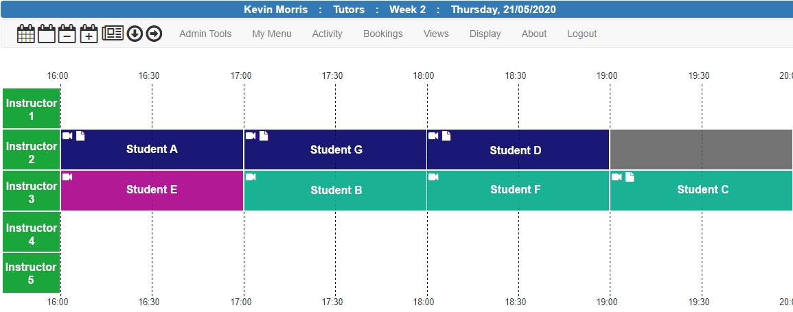 bookings timesheet showing video conference icon and booking document icon